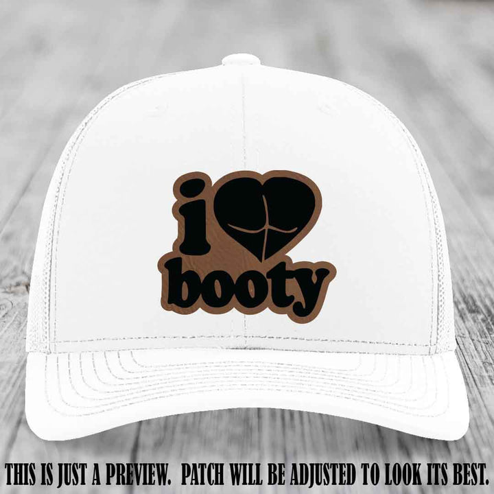 Booty Hunter Dark Brown to Black Patch Leather Patch on White Hat - Funny Richardson 112 Hat