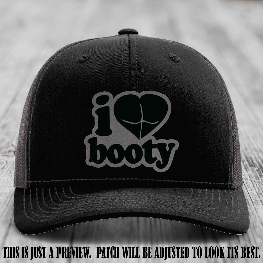Booty Hunter Grey to Black Patch Leather Patch on Black to Charcoal Hat - Funny Richardson 112 Hat