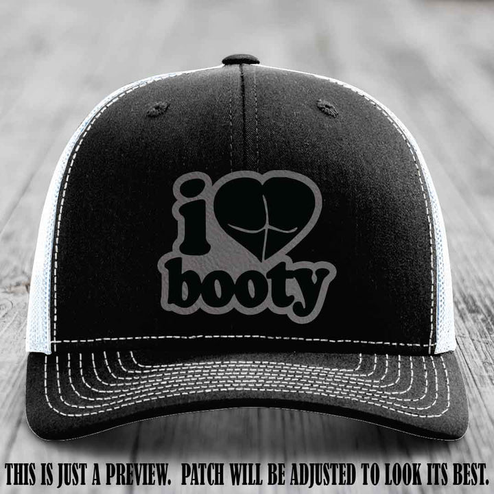Booty Hunter Grey to Black Patch Leather Patch on Black to White Hat - Funny Richardson 112 Hat