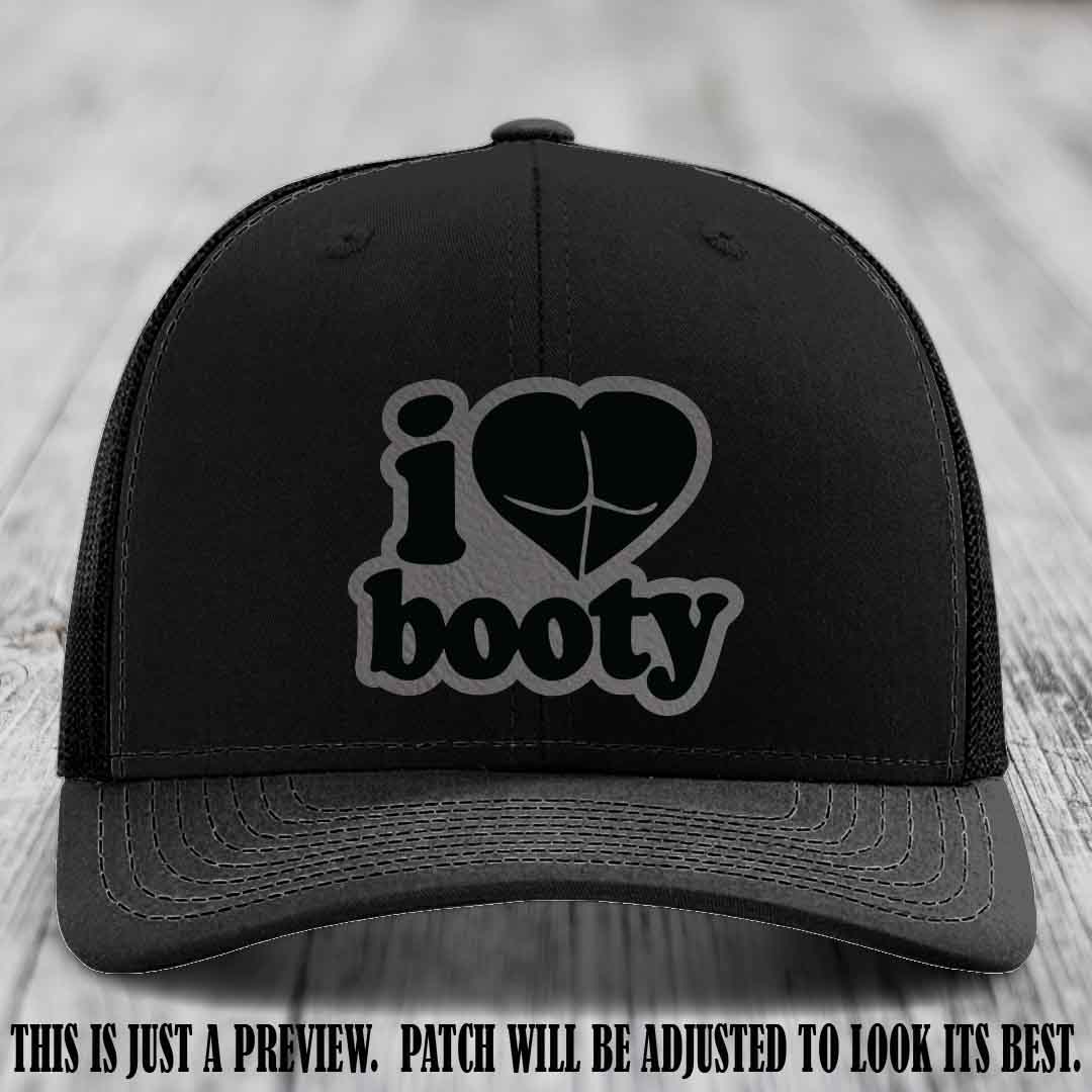 Booty Hunter Grey to Black Patch Leather Patch on Black Hat - Funny Richardson 112 Hat