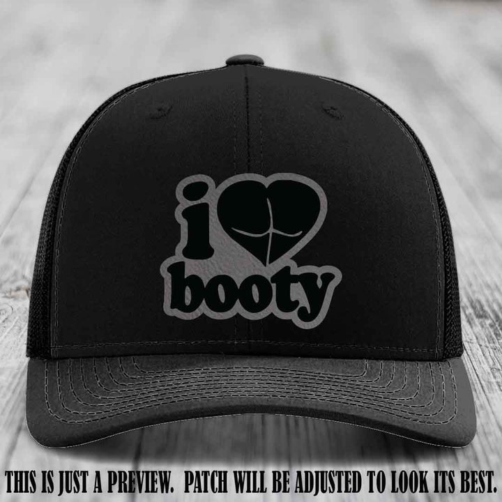 Booty Hunter Grey to Black Patch Leather Patch on Black Hat - Funny Richardson 112 Hat