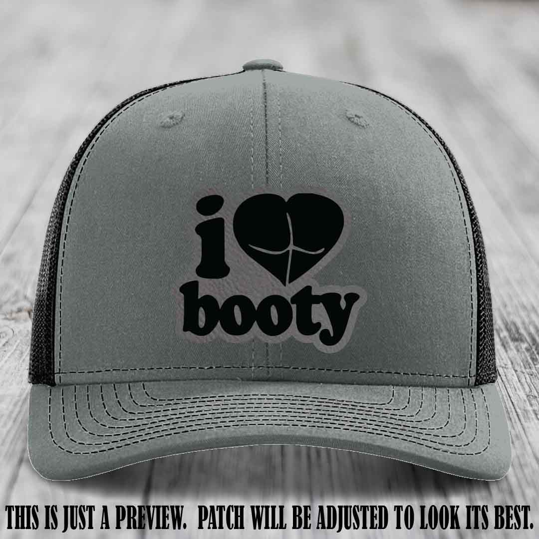 Booty Hunter Grey to Black Patch Leather Patch on Heather Grey to Black Hat - Funny Richardson 112 Hat