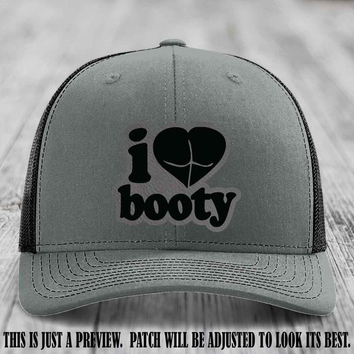 Booty Hunter Grey to Black Patch Leather Patch on Heather Grey to Black Hat - Funny Richardson 112 Hat