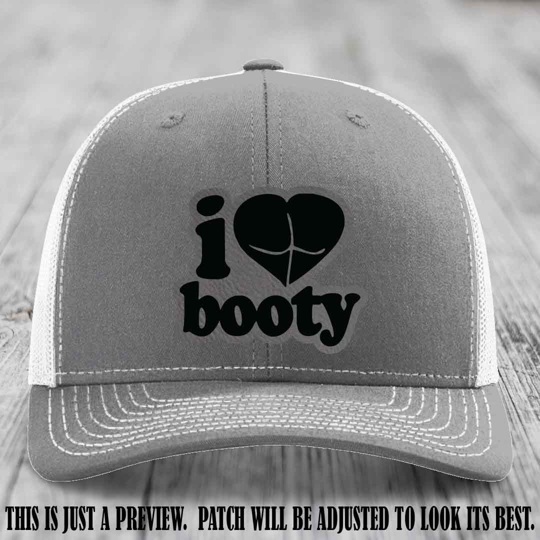Booty Hunter Grey to Black Patch Leather Patch on Heather Grey to White Hat - Funny Richardson 112 Hat