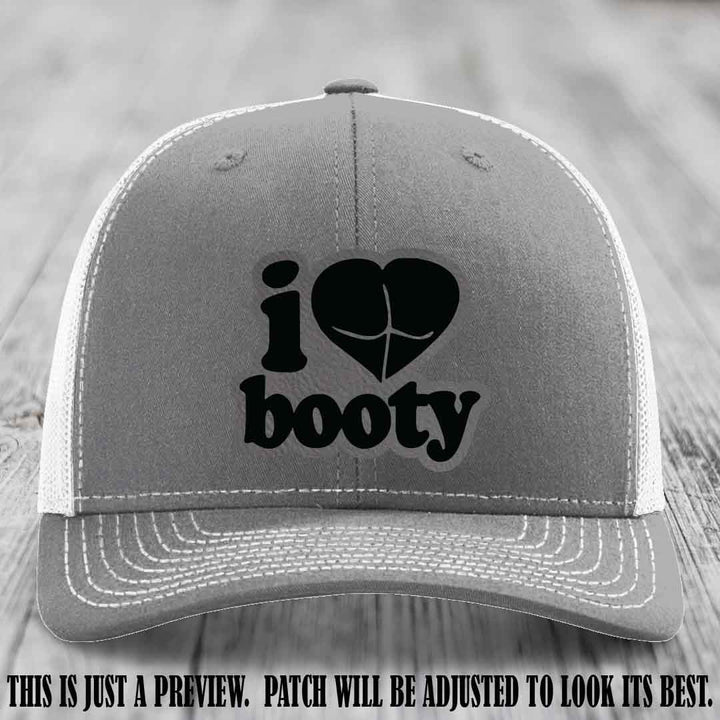 Booty Hunter Grey to Black Patch Leather Patch on Heather Grey to White Hat - Funny Richardson 112 Hat