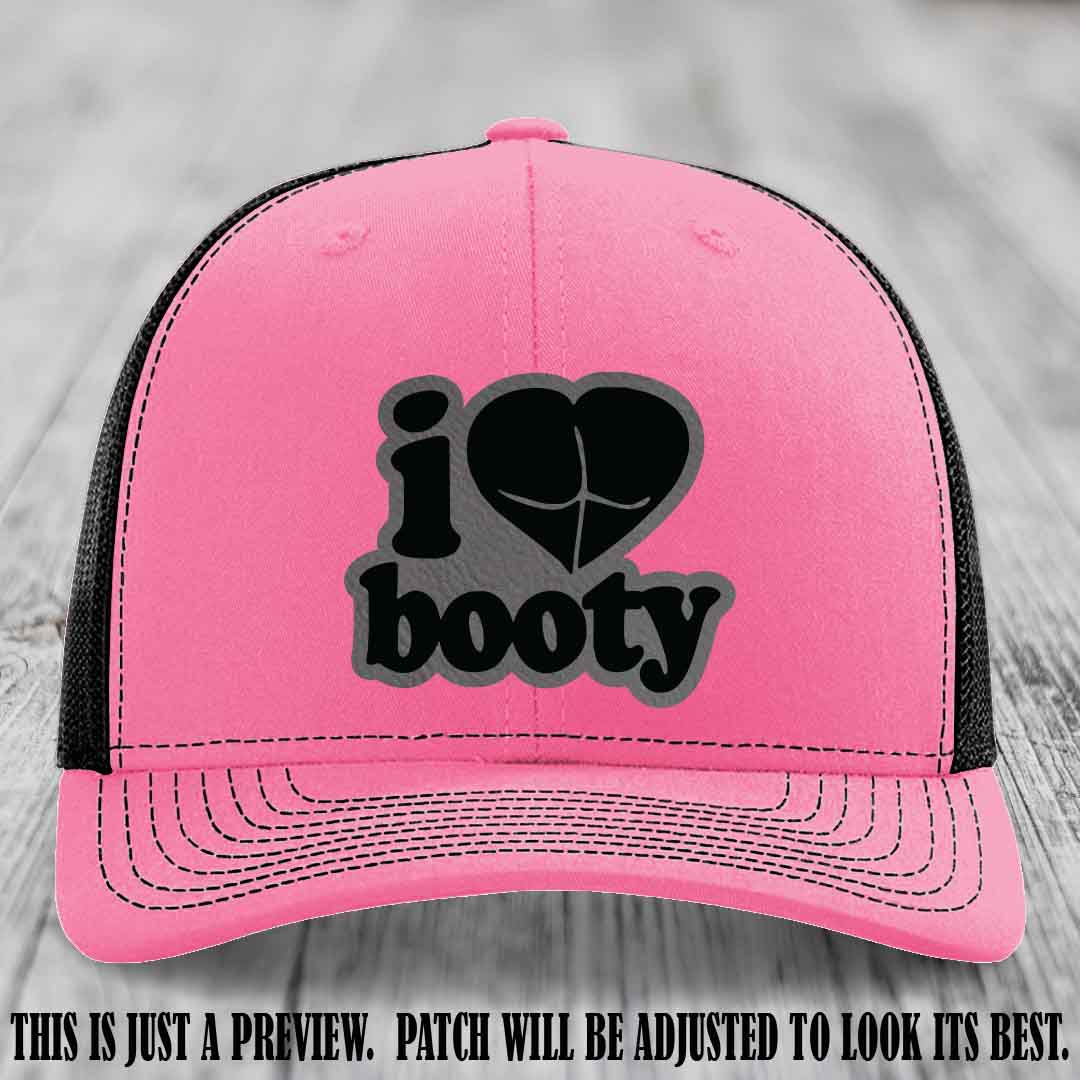 Booty Hunter Grey to Black Patch Leather Patch on Hot Pink to Black Hat - Funny Richardson 112 Hat