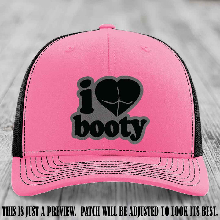 Booty Hunter Grey to Black Patch Leather Patch on Hot Pink to Black Hat - Funny Richardson 112 Hat
