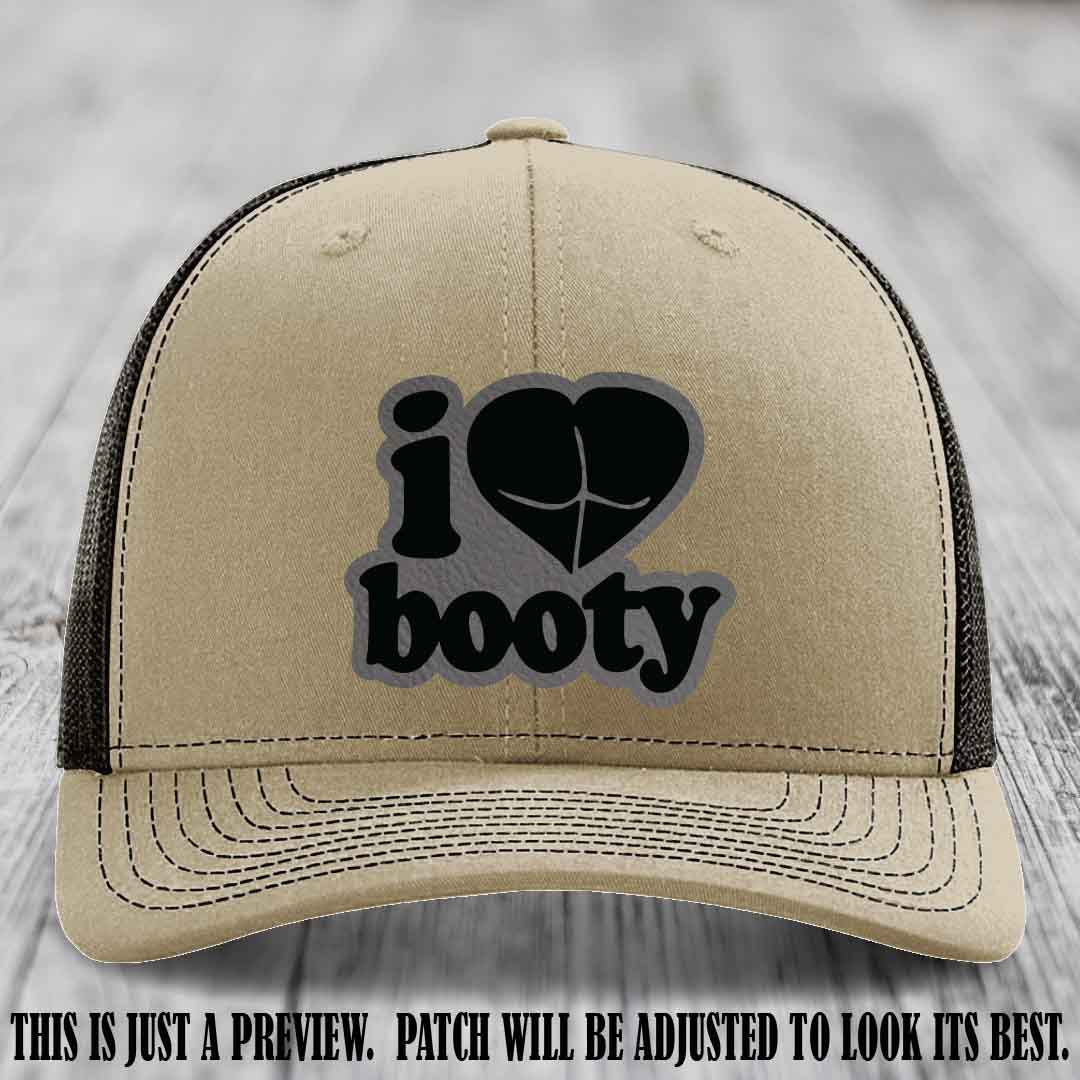 Booty Hunter Grey to Black Patch Leather Patch on Khaki to Coffee Hat - Funny Richardson 112 Hat