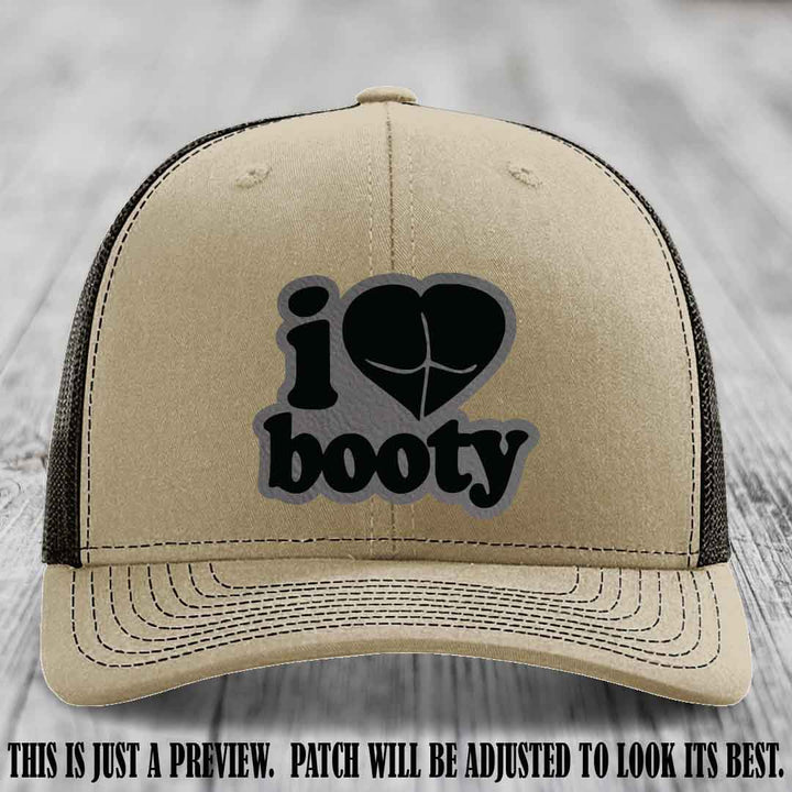 Booty Hunter Grey to Black Patch Leather Patch on Khaki to Coffee Hat - Funny Richardson 112 Hat