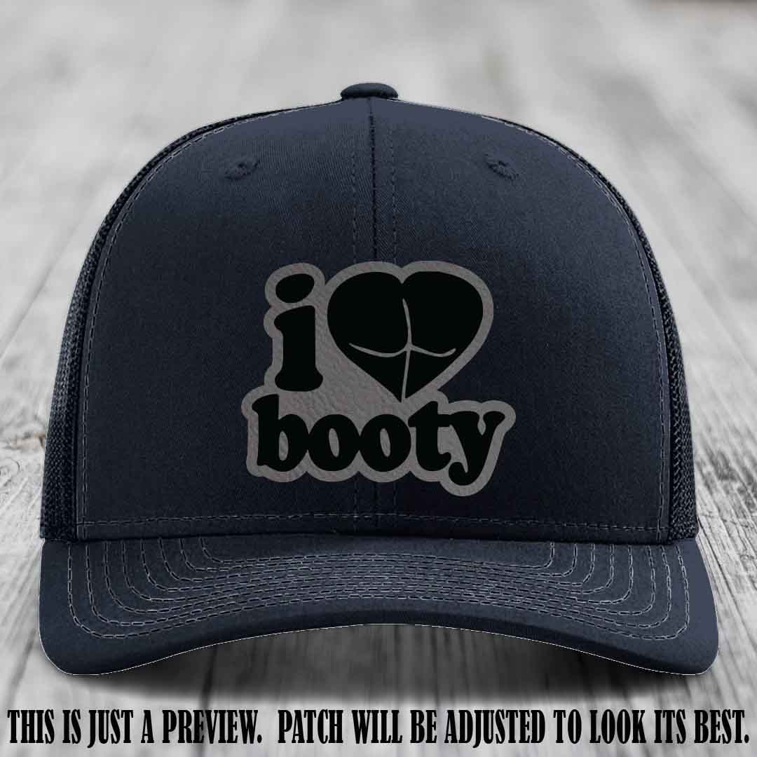Booty Hunter Grey to Black Patch Leather Patch on Navy Hat - Funny Richardson 112 Hat