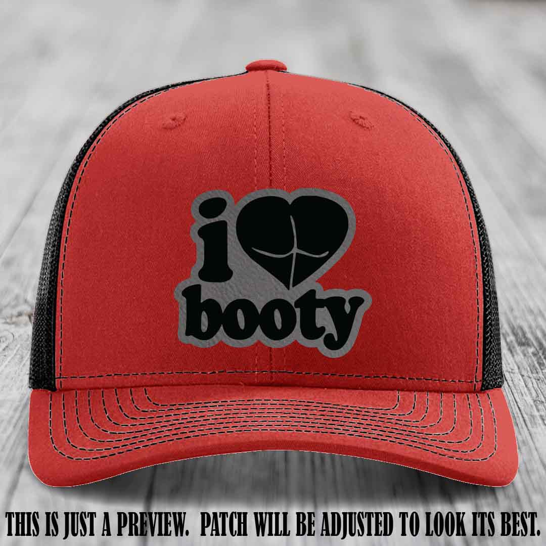 Booty Hunter Grey to Black Patch Leather Patch on Red to Black Hat - Funny Richardson 112 Hat