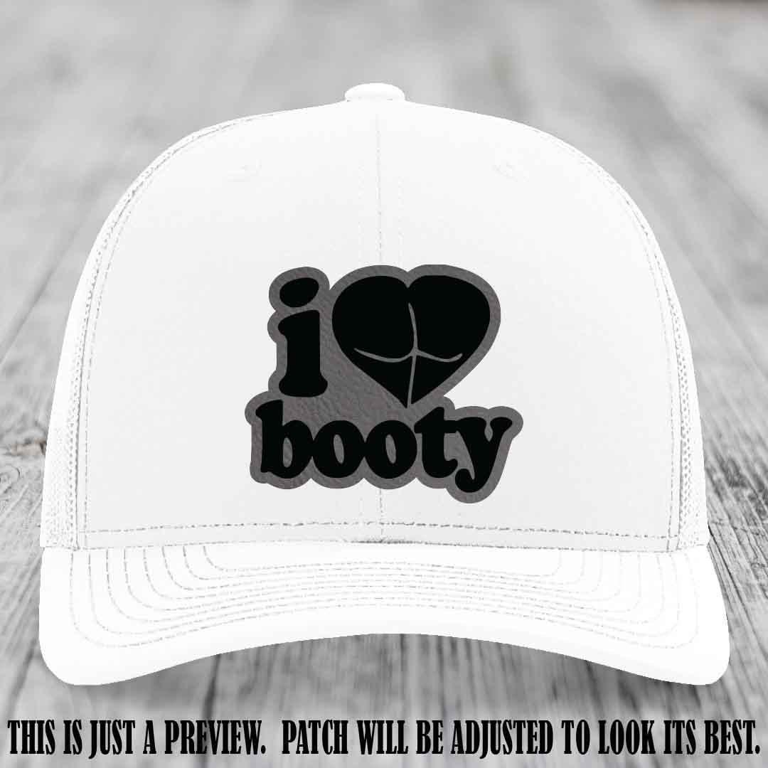 Booty Hunter Grey to Black Patch Leather Patch on White Hat - Funny Richardson 112 Hat