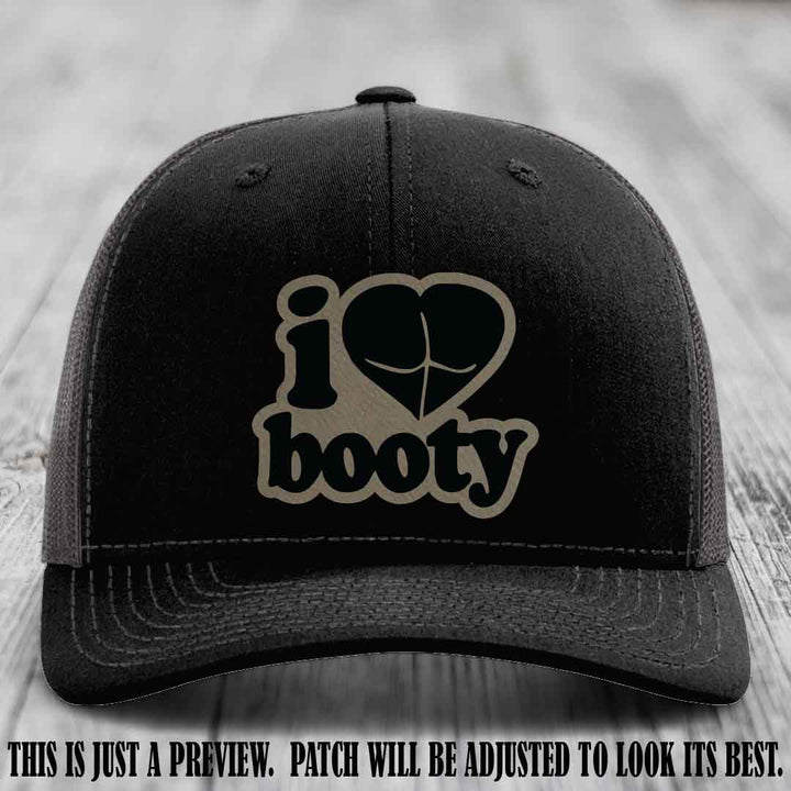Booty Hunter Light Brown to Black Patch Leather Patch on Black to Charcoal Hat - Funny Richardson 112 Hat