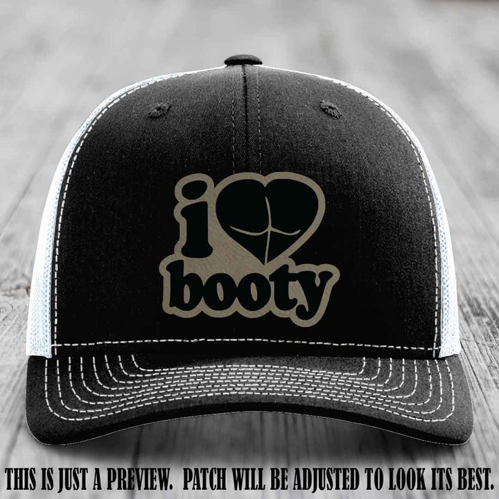 Booty Hunter Light Brown to Black Patch Leather Patch on Black to White Hat - Funny Richardson 112 Hat
