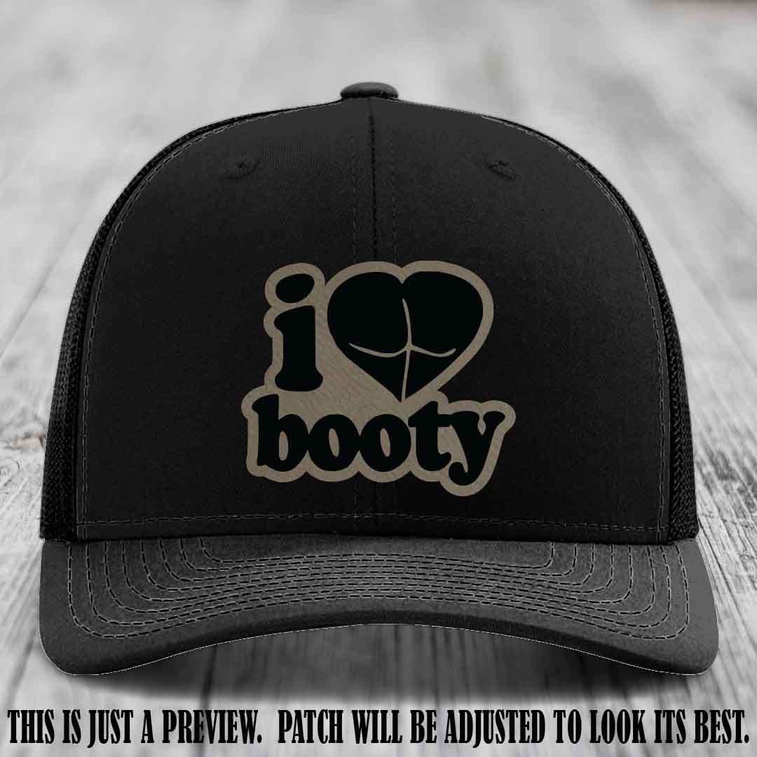 Booty Hunter Light Brown to Black Patch Leather Patch on Black Hat - Funny Richardson 112 Hat