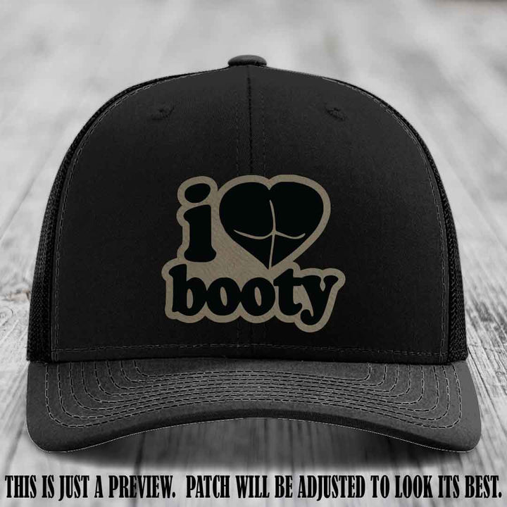 Booty Hunter Light Brown to Black Patch Leather Patch on Black Hat - Funny Richardson 112 Hat