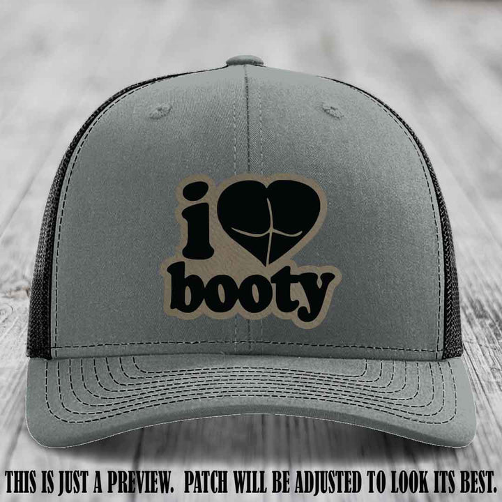Booty Hunter Light Brown to Black Patch Leather Patch on Heather Grey to Black Hat - Funny Richardson 112 Hat