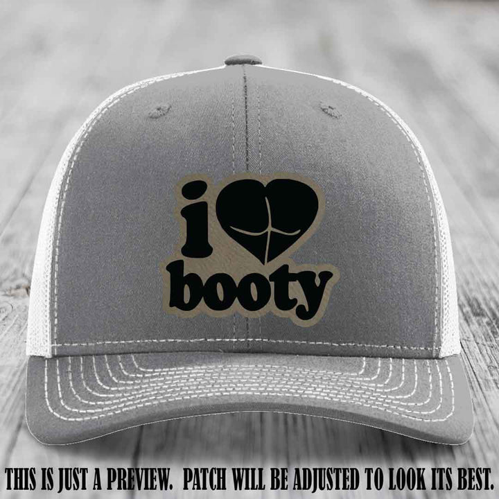 Booty Hunter Light Brown to Black Patch Leather Patch on Heather Grey to White Hat - Funny Richardson 112 Hat