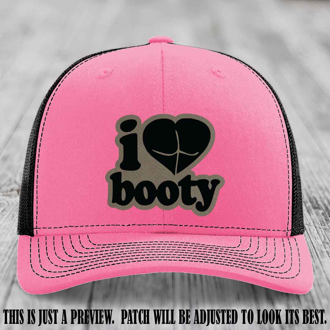 Booty Hunter Light Brown to Black Patch Leather Patch on Hot Pink to Black Hat - Funny Richardson 112 Hat