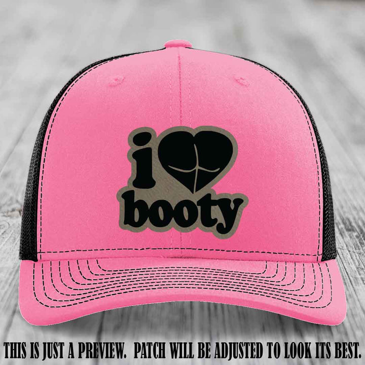 Booty Hunter Light Brown to Black Patch Leather Patch on Hot Pink to Black Hat - Funny Richardson 112 Hat