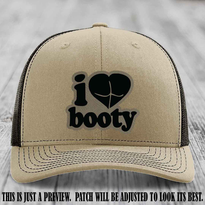 Booty Hunter Light Brown to Black Patch Leather Patch on Khaki to Coffee Hat - Funny Richardson 112 Hat