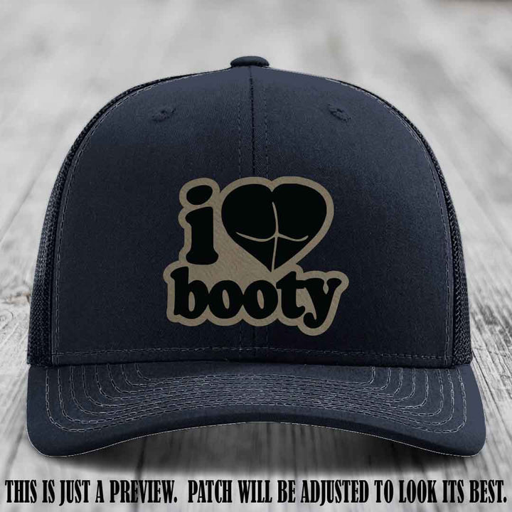 Booty Hunter Light Brown to Black Patch Leather Patch on Navy Hat - Funny Richardson 112 Hat