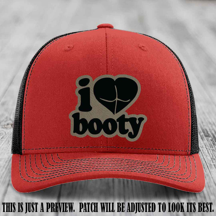 Booty Hunter Light Brown to Black Patch Leather Patch on Red to Black Hat - Funny Richardson 112 Hat