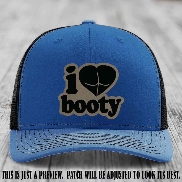 Booty Hunter Light Brown to Black Patch Leather Patch on Royal to Black Hat - Funny Richardson 112 Hat
