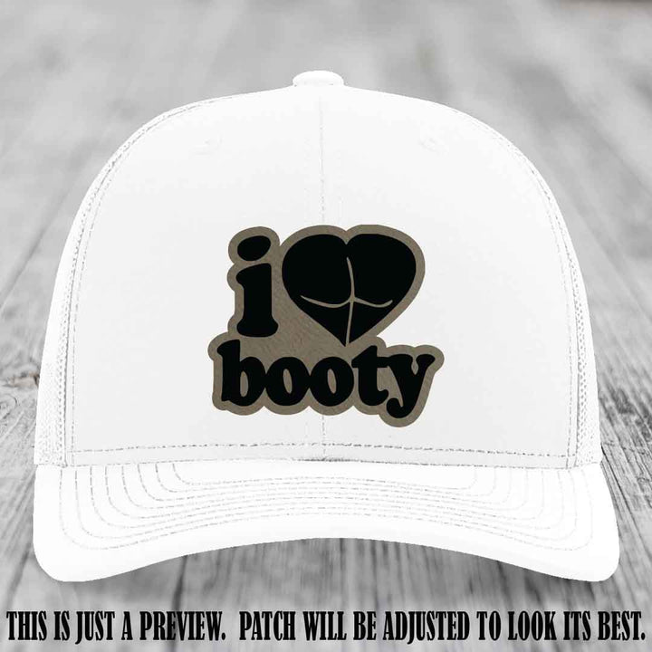 Booty Hunter Light Brown to Black Patch Leather Patch on White Hat - Funny Richardson 112 Hat