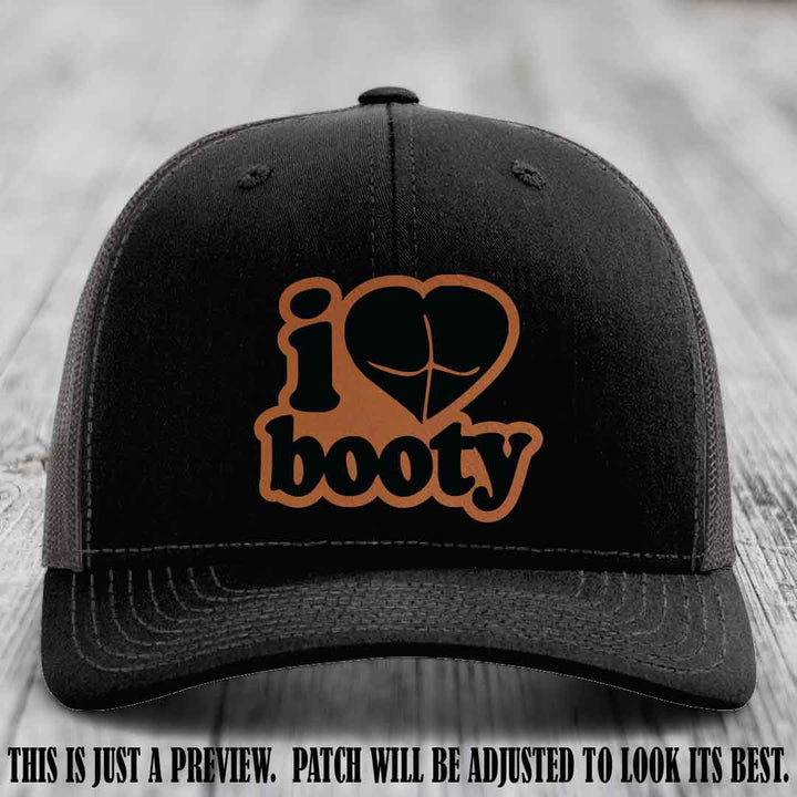 Booty Hunter Rawhide to Black Patch Leather Patch on Black to Charcoal Hat - Funny Richardson 112 Hat
