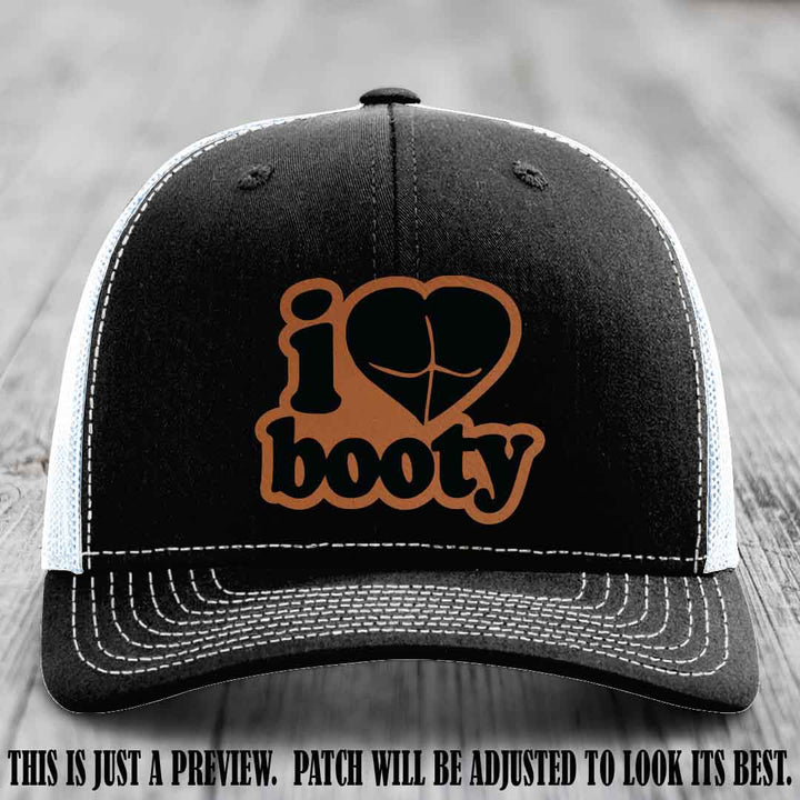 Booty Hunter Rawhide to Black Patch Leather Patch on Black to White Hat - Funny Richardson 112 Hat