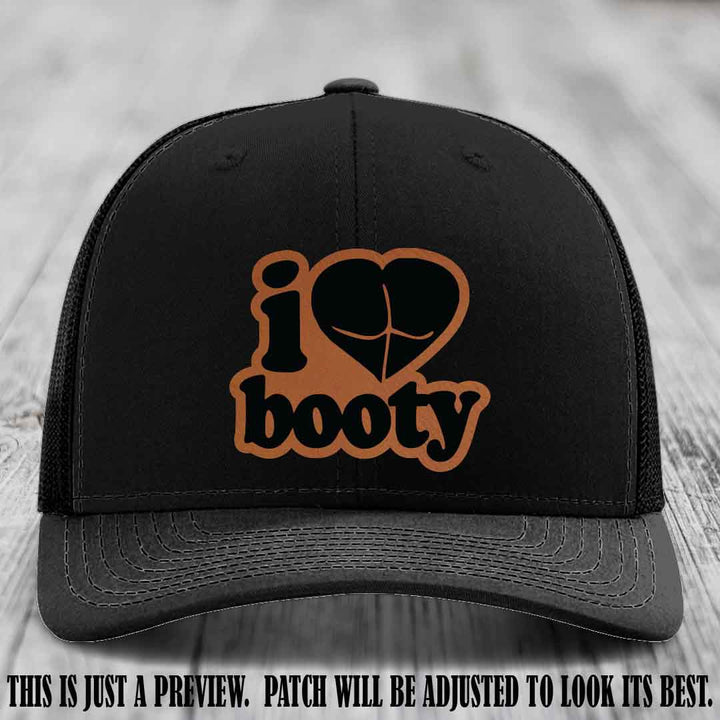 Booty Hunter Rawhide to Black Patch Leather Patch on Black Hat - Funny Richardson 112 Hat