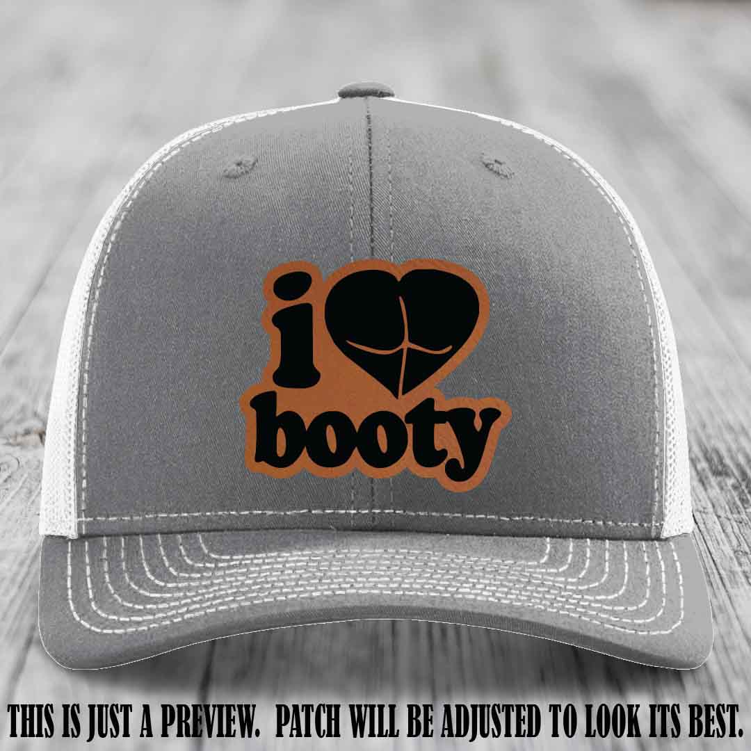 Booty Hunter Rawhide to Black Patch Leather Patch on Heather Grey to White Hat - Funny Richardson 112 Hat