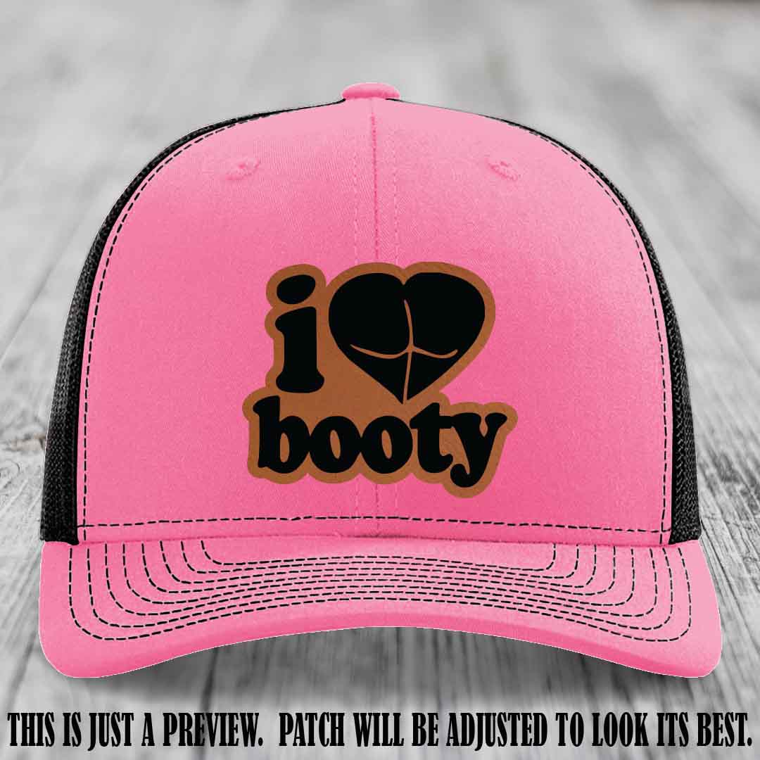 Booty Hunter Rawhide to Black Patch Leather Patch on Hot Pink to Black Hat - Funny Richardson 112 Hat