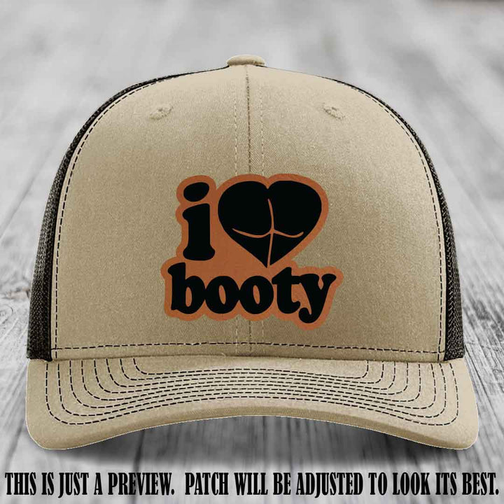 Booty Hunter Rawhide to Black Patch Leather Patch on Khaki to Coffee Hat - Funny Richardson 112 Hat