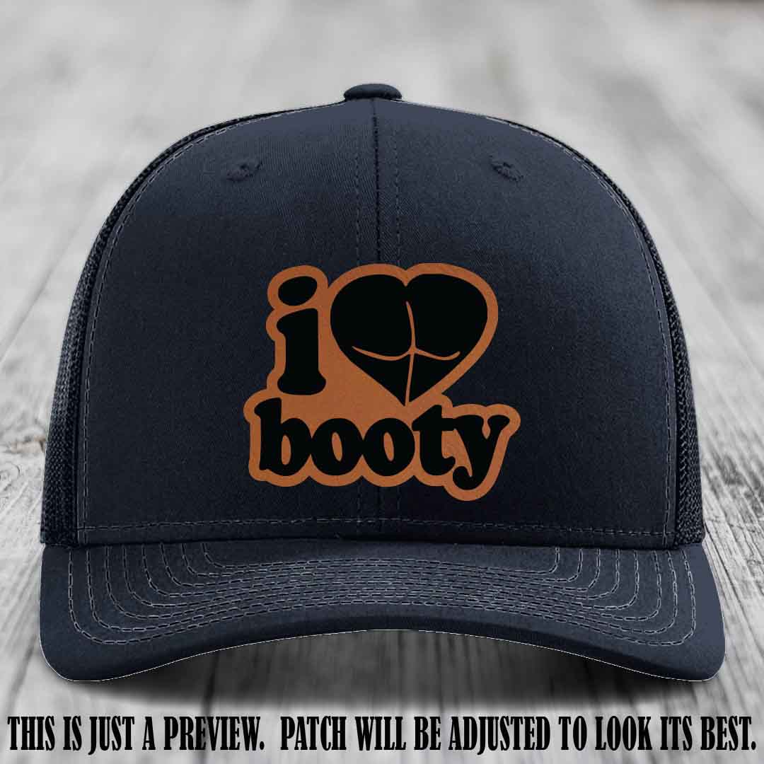 Booty Hunter Rawhide to Black Patch Leather Patch on Navy Hat - Funny Richardson 112 Hat