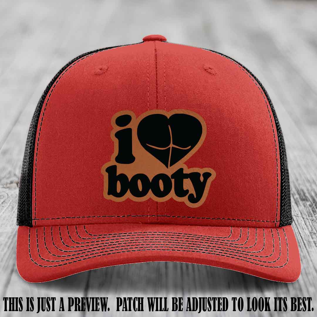 Booty Hunter Rawhide to Black Patch Leather Patch on Red to Black Hat - Funny Richardson 112 Hat