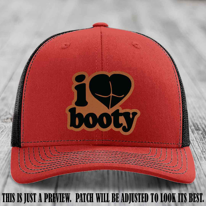 Booty Hunter Rawhide to Black Patch Leather Patch on Red to Black Hat - Funny Richardson 112 Hat