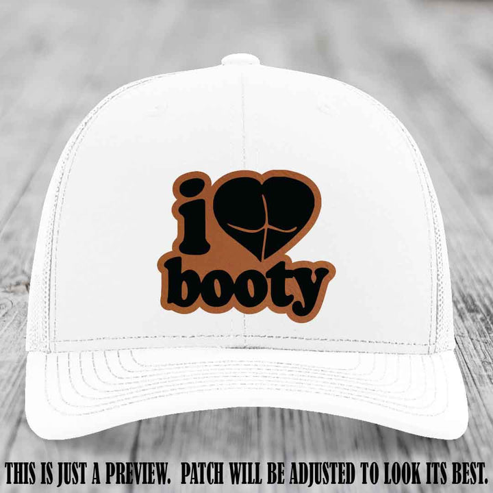 Booty Hunter Rawhide to Black Patch Leather Patch on White Hat - Funny Richardson 112 Hat