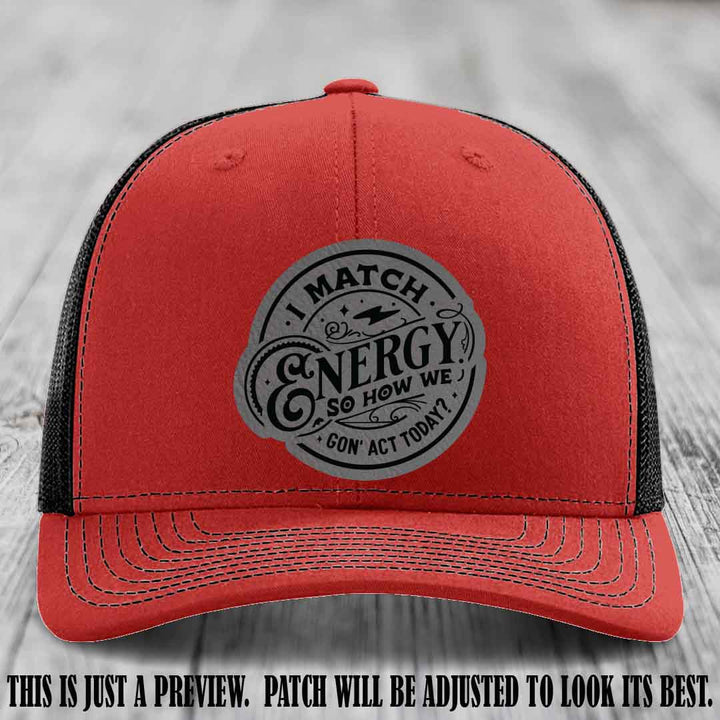 I Match Energy ⚡ Leather Patch Hat - Grey to Black 🌚 on Red to Black Hat