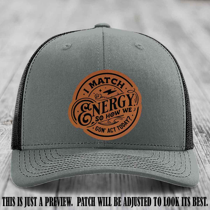 I Match Energy ⚡ Leather Patch Hat - Rawhide to Black 🐂 on Heather Grey to Black Hat