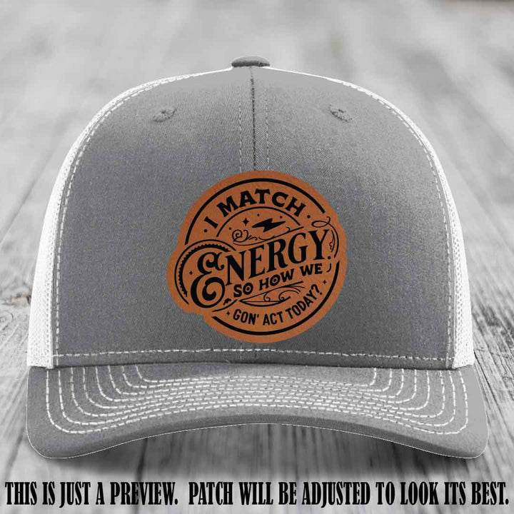 I Match Energy ⚡ Leather Patch Hat - Rawhide to Black 🐂 on Heather Grey to White Hat