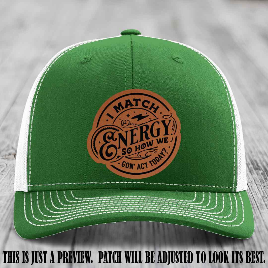 I Match Energy ⚡ Leather Patch Hat - Rawhide to Black 🐂 on Kelly to White Hat