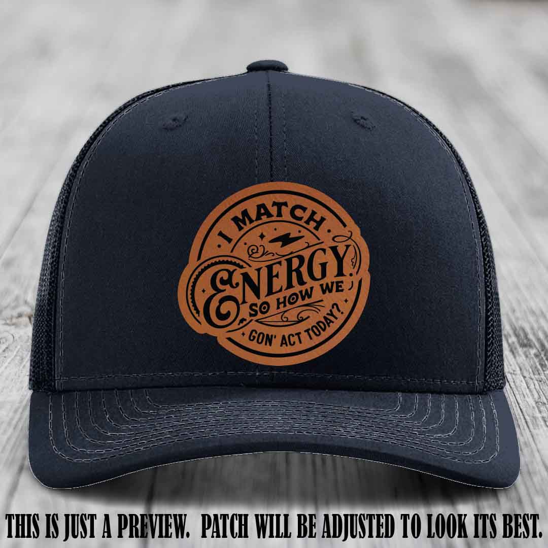 I Match Energy ⚡ Leather Patch Hat - Rawhide to Black 🐂 on Navy Hat