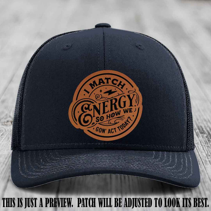 I Match Energy ⚡ Leather Patch Hat - Rawhide to Black 🐂 on Navy Hat