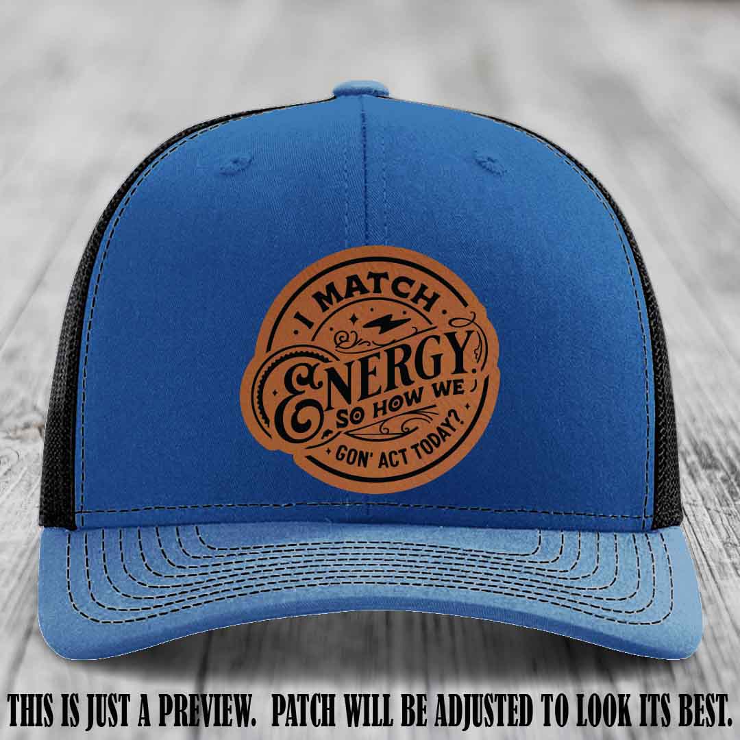 I Match Energy ⚡ Leather Patch Hat - Rawhide to Black 🐂 on Royal to Black Hat