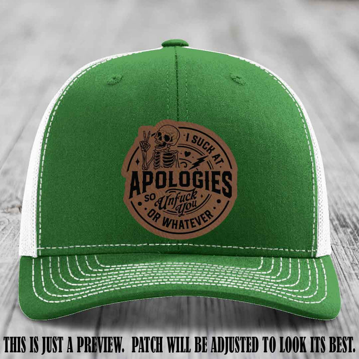 I Suck at Apologies Skeleton - Dark Brown to Black Patch on Kelly to White Hat