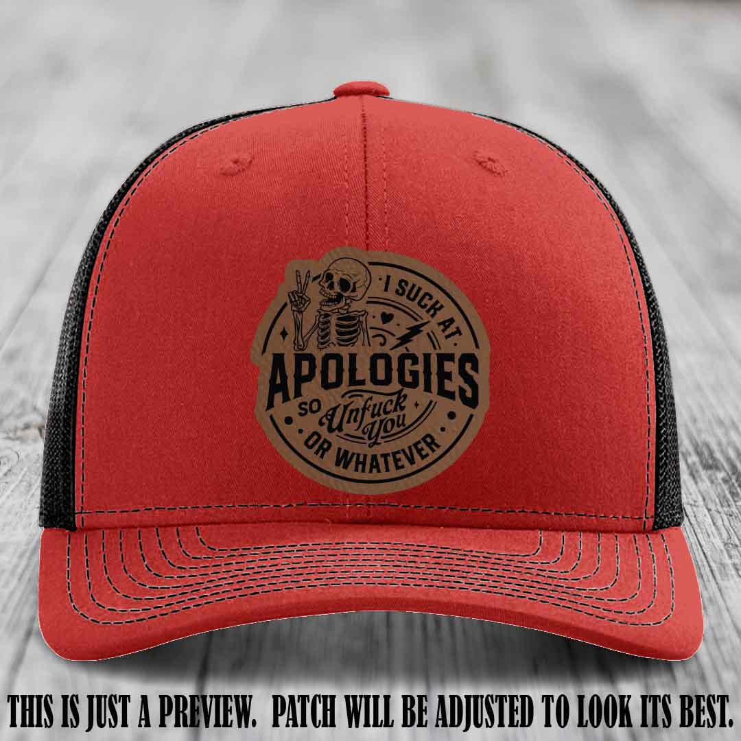I Suck at Apologies Skeleton - Dark Brown to Black Patch on Red to Black Hat