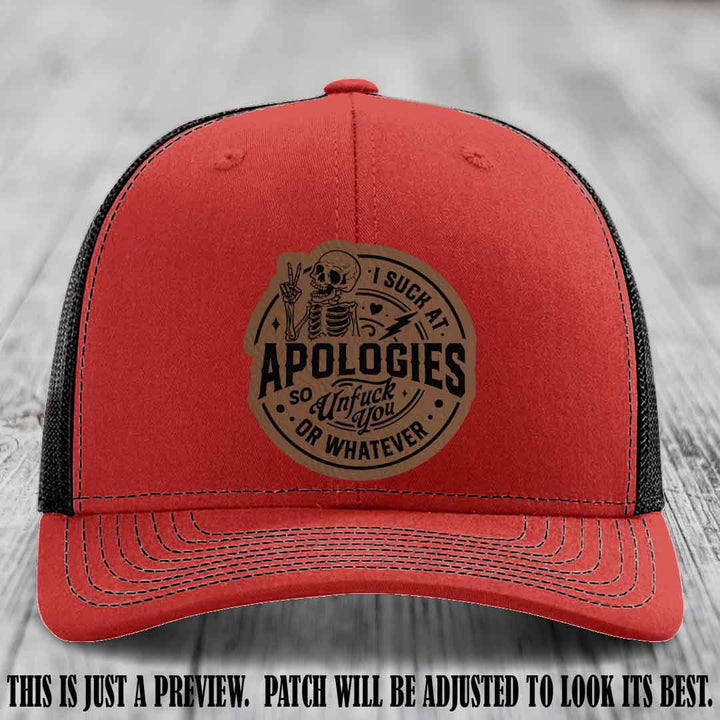 I Suck at Apologies Skeleton - Dark Brown to Black Patch on Red to Black Hat