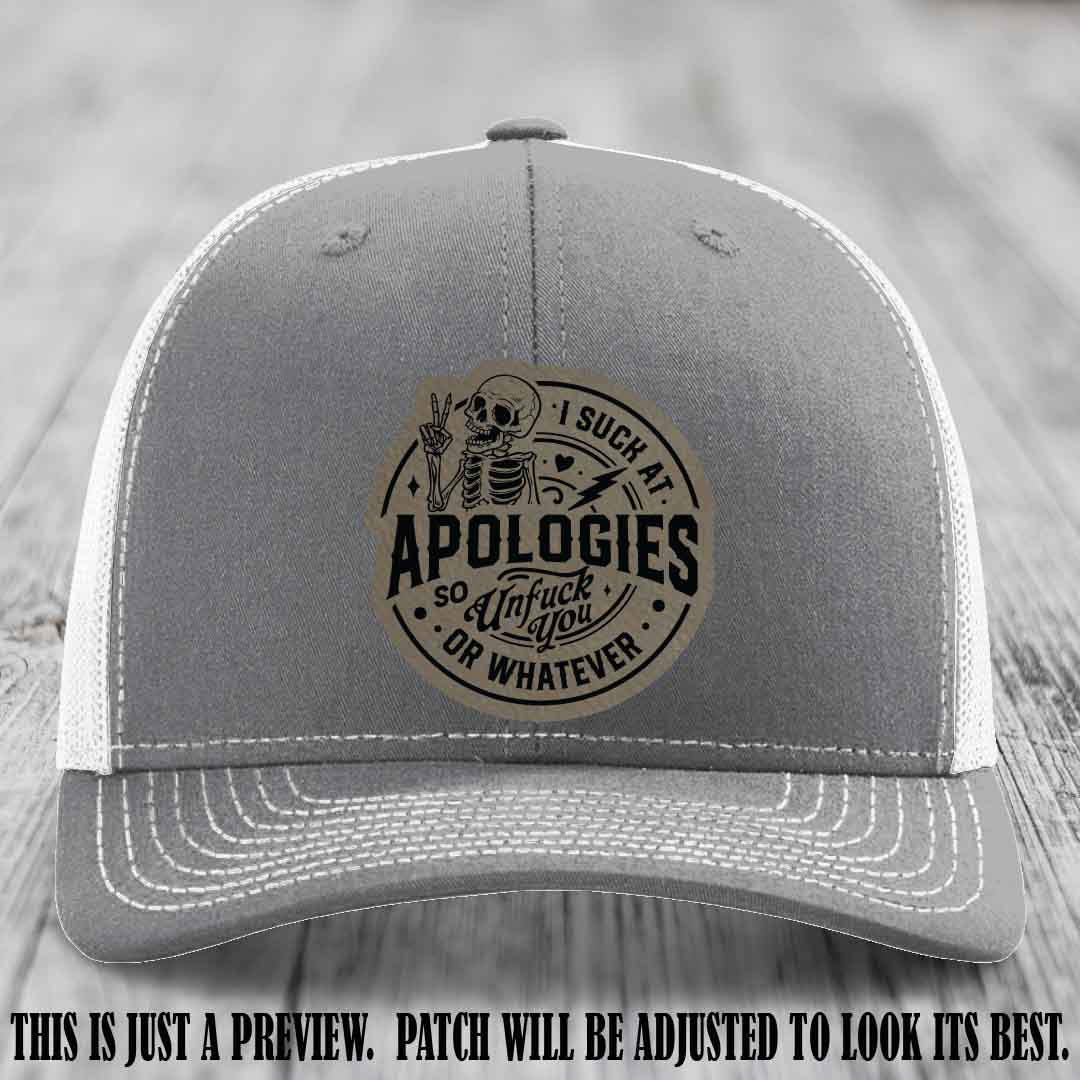 I Suck at Apologies Skeleton - Light Brown to Black Patch on Heather Grey to White Hat